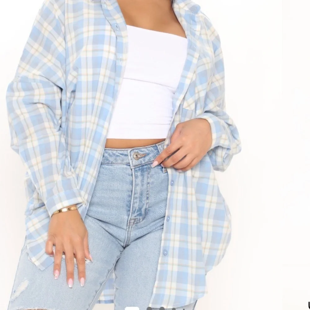 Fashion Nova Light Blue Oversized Plaid Shirt